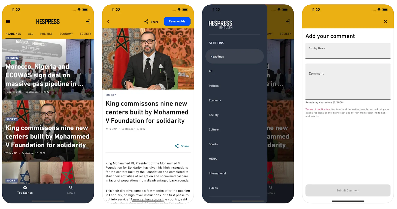 *Screenshots of Hespress English app*